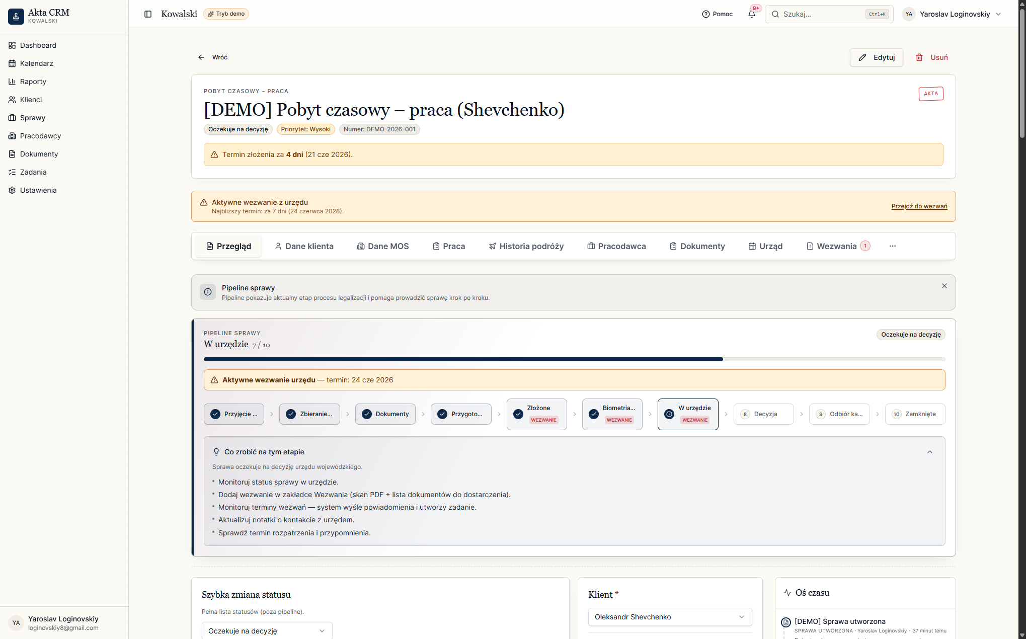 Karta sprawy — dane i status